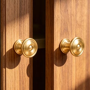 May include: Two circular brass cabinet knobs with a brushed metallic finish and a central raised dome detail, mounted on two vertical wooden cabinet doors with a visible grain pattern. The knobs feature a stepped edge design and a warm gold tone.