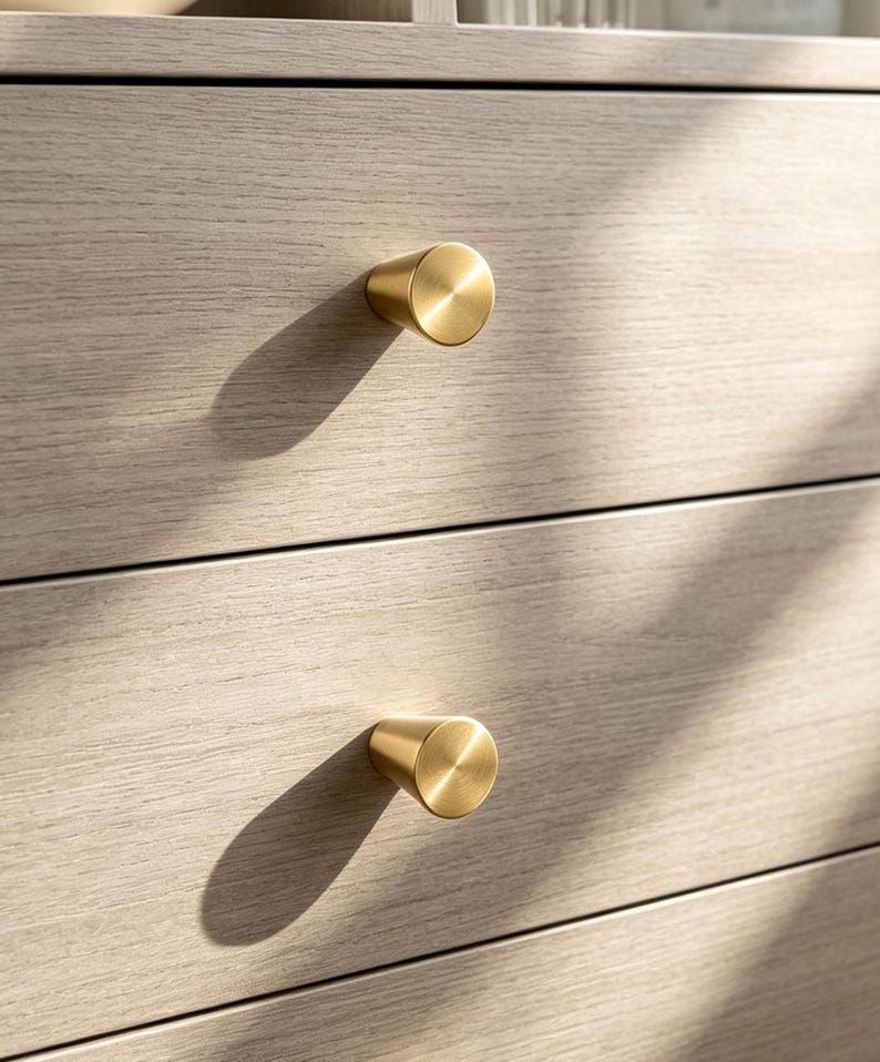 May include: A light-colored wooden dresser featuring two horizontal drawers, each equipped with a single, circular, brushed brass knob. The wood grain is visible across the drawer fronts, and the knobs cast distinct shadows on the surface.