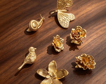Solid Brass Nature Cabinet Knobs -Butterfly, Flower, Bird & Snail Drawer Pulls - Antique Gold Decorative Hardware for Wardrobe Furniture