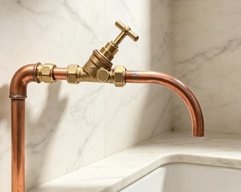 Unlacquered Copper Wall Mounted Faucet Tap | Angled Spout, Rustic Industrial Kitchen Bathroom
