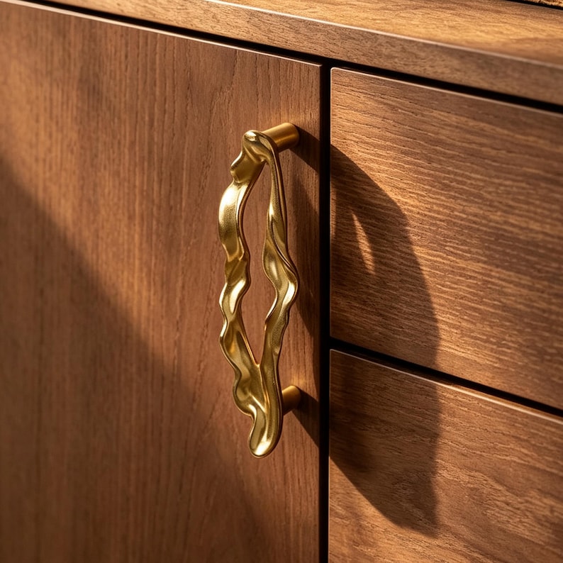 Puede incluir: Un tirador de armario de metal dorado con una forma irregular, org&aacute;nica y fluida fijado a una puerta de armario de madera. El tirador presenta un acabado pulido que refleja la luz, contrastando con la veta de la madera marr&oacute;n de la superficie.