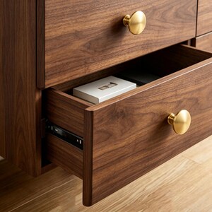 May include: A dark brown wooden dresser with a visible grain pattern, featuring two drawers with round, brushed gold metal knobs. One drawer is partially open, revealing a small white rectangular box inside, and a black metal drawer slide mechanism.