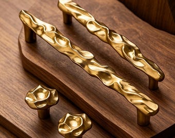 Solid Brass Cabinet Handle, Organic Water Ripple Drawer Pull, Handmade Luxury Gold Knobs & Handles for Kitchen, Dresser, Wardrobe