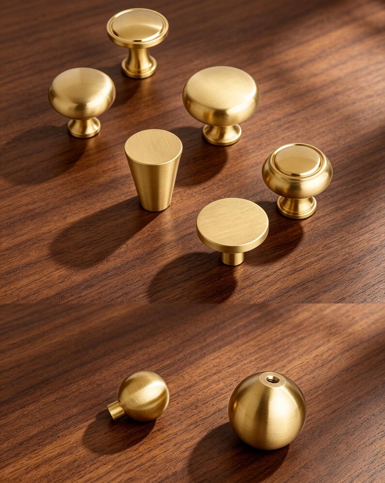 May include: A collection of gold-colored metal cabinet knobs in various shapes, including round, mushroom, and tapered designs. The knobs feature a smooth, brushed finish and are displayed in a group, with two additional spherical knobs shown below.