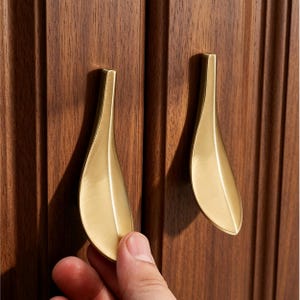 May include: Two gold-colored metal cabinet pulls with a smooth, elongated, leaf-like shape and a brushed finish. The pulls are mounted vertically on a dark brown wooden cabinet door with vertical paneling and a visible wood grain texture.