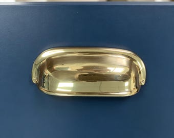 Solid Brass Cup Pull Handle, Polished Gold Vintage Style Cabinet Hardware, 88mm Drawer Knob