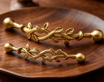 Solid Brass Vine Cabinet Pulls • Rustic Leaf Drawer Handles • Nature Style Hardware