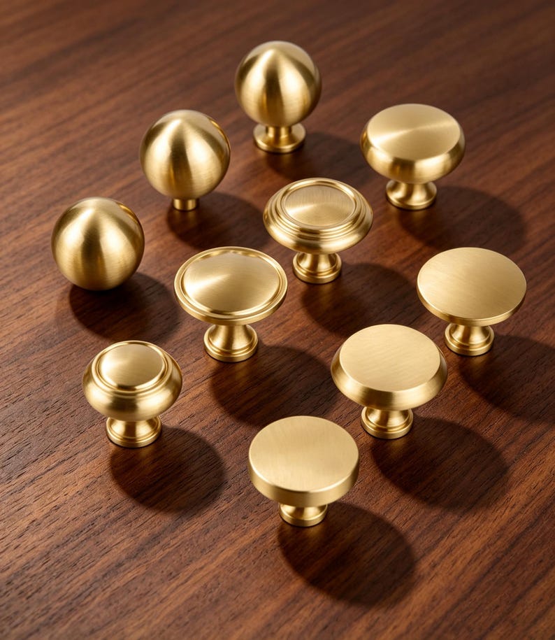 May include: A collection of nine brass cabinet knobs in various shapes, including spherical, flat-topped, and tiered designs. Each knob features a smooth, brushed metallic finish with a circular base and a central stem for mounting to furniture.