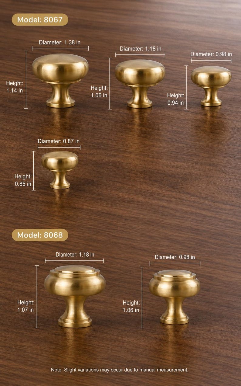 May include: A collection of brass cabinet knobs in two styles, Model 8067 and 8068, with labeled dimensions in inches. Model 8067 includes four sizes with diameters from 0.87 to 1.38 inches. Model 8068 includes two sizes with diameters of 0.98 and 1.18 inches.