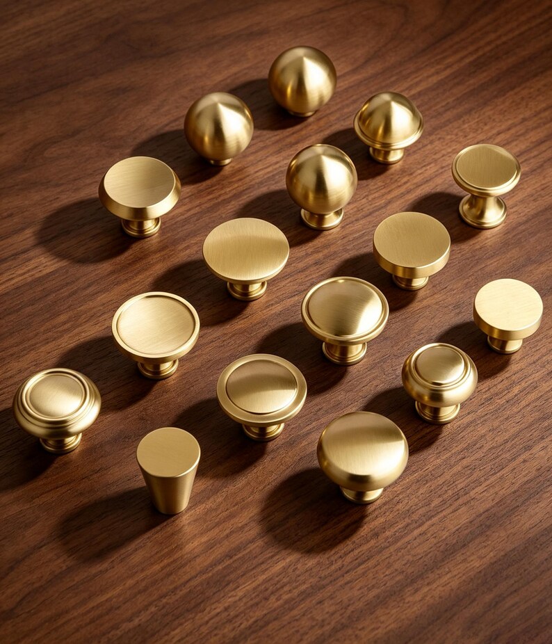 May include: A collection of fifteen brass-toned metal cabinet knobs in various circular and spherical shapes. Each knob features a smooth, brushed finish with a consistent golden hue, showcasing different profiles including flat tops, rounded domes, and tapered bases.