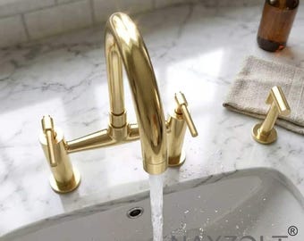 Solid Unlacquered Brass Bridge Kitchen Faucet with Side Sprayer, Gooseneck Kitchen Sink Tap with Lever Handles, Traditional Kitchen Faucet