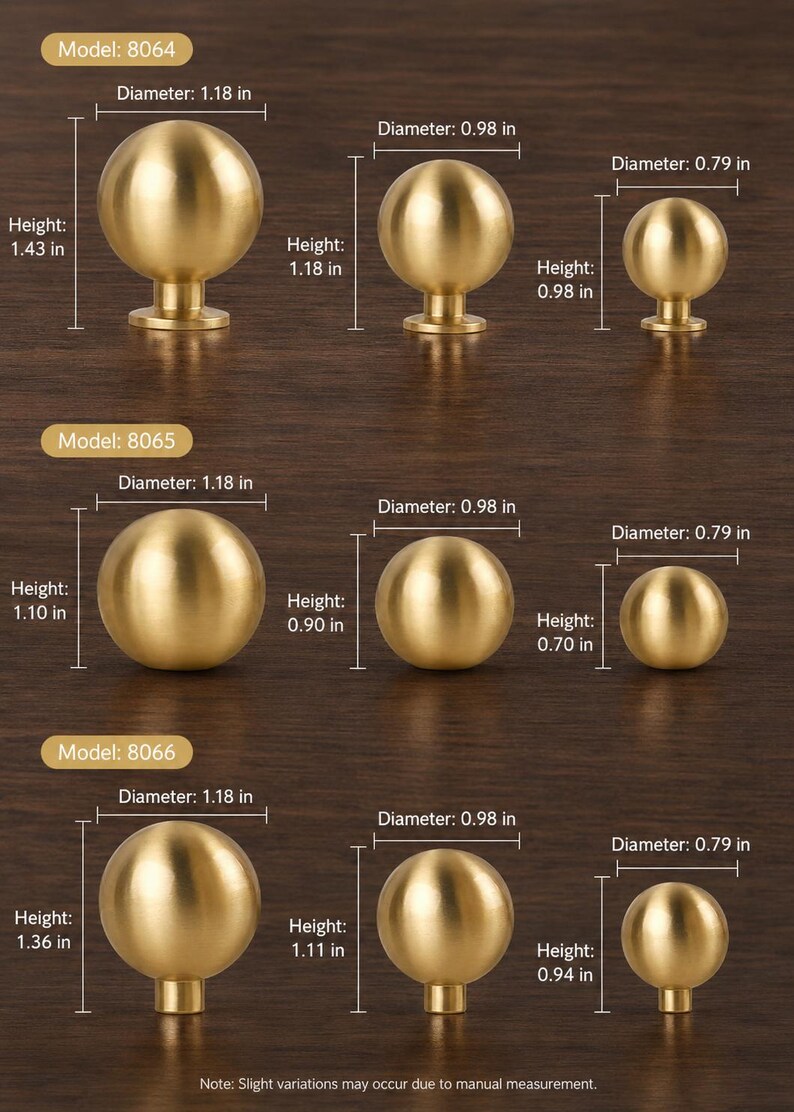May include: A collection of gold-colored spherical cabinet knobs arranged in three rows labeled Model 8064, 8065, and 8066. Each knob features specific dimensions in inches, with diameters ranging from 0.79 to 1.18 inches and heights from 0.70 to 1.43 inches.