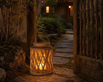 Handwoven Bamboo Lantern Lamp | Cordless Flameless LED Candle Light for Rustic Home & Party Decor