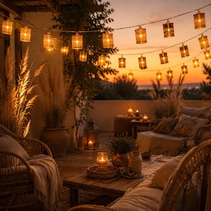 Op de afbeelding: Een lichtsnoer met cilindrische, gevlochten rotan lantaarns die een warme gouden gloed uitstralen, hangend boven een terras. De scène bevat rieten stoelen, een houten salontafel met kaarsen en decoratieve grassen in grote kleipotten.