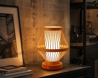 Rechargeable Handwoven Bamboo Table Lamp | Faux Sheepskin Shade Zen Warm LED Lamp for Bedroom & Tea Room