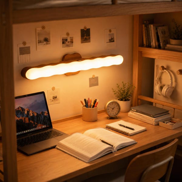 Natural Wood Wavy Wall Mount Lamp | Rechargeable 3-Level Dimmable Touch & Motion Sensor Rotatable LED Bedside Reading Light