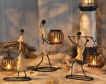 4 Styles Abstract Figure Iron Candle Holder | Natural Jute Wrapped Rustic Tealight Table Lamp for Home & Party Decor