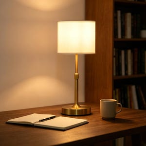 May include: A gold-coloured table lamp with a cream lampshade stands on a wooden desk. An open notebook and pen are on the desk, with a mug nearby. The lamp has a slender design, and the scene is warmly lit.