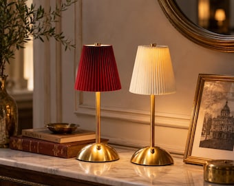 Vintage Pleated Shade Brass Cordless Table Lamp | Rechargeable Warm LED Lamp for Living Room, Bedroom & Bar Decor