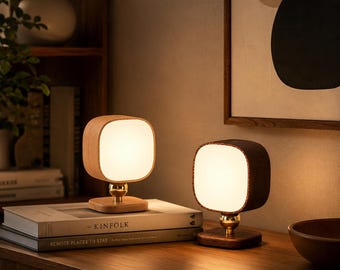 2 Colors Solid Wood Motion Sensor Table Lamp | Rechargeable Rotatable Wall Mount Warm LED Night Light for Bedroom & Closet Decor