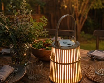 Handwoven Bamboo Portable Lantern Lamp | Rechargeable Warm LED Rustic Mood Light for Patio, Dining & Farmhouse Decor