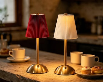 Vintage Pleated Fabric Touch Lamp, Rechargeable Gold Base, Cozy Aesthetic Bedside Light, Unique Handcrafted Accent Lamp for Home Decor