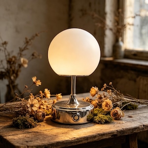 May include: A chrome table lamp with a spherical, frosted glass shade. The lamp has a round base and a slender stem. The lamp is on a wooden table with dried flowers and moss.