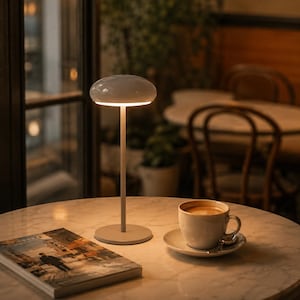 May include: A modern, mushroom-shaped table lamp with a soft, glowing light. The lamp is gray and sits on a round base. A cup of coffee on a saucer and a magazine are on the marble table. The background shows a cafe setting.