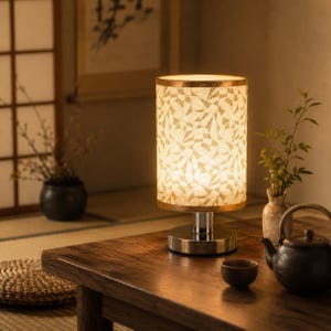 Op de afbeelding: Cilindrische tafellamp met een patroon lampenkap, gouden rand en een zilveren voet. De lamp is verlicht en geeft een warme gloed. De lamp staat op een donkere houten tafel, naast een theepot en een kopje.