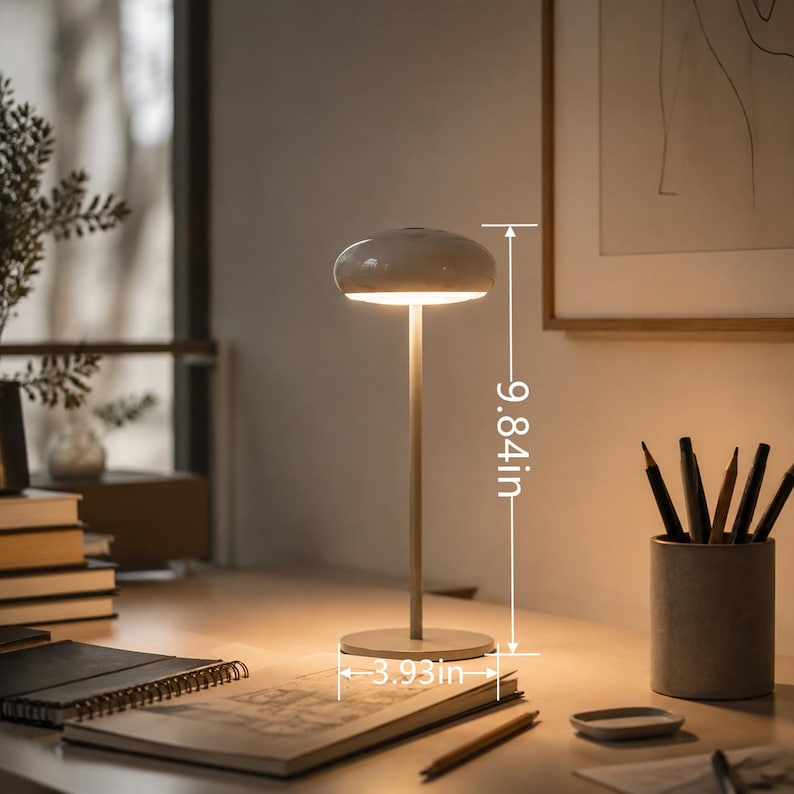 May include: A modern, minimalist table lamp with a mushroom-shaped shade. The lamp is 9.84 inches tall and has a base diameter of 3.93 inches. It is a neutral color and is turned on, illuminating the surrounding area. The lamp is on a desk with office supplies.