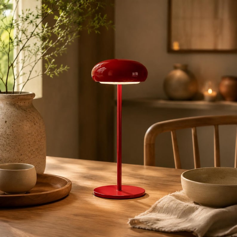 May include: A red table lamp with a rounded top and a slender stem. The lamp is made of metal and has a circular base. The lamp is turned on, emitting a soft, warm light. The lamp is on a wooden table.