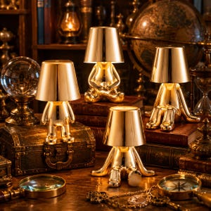May include: Four gold-coloured table lamps, each featuring a stylised human-like figure as the base and a conical shade. The figures are depicted in various seated or standing poses, all finished with a reflective, metallic gold surface.