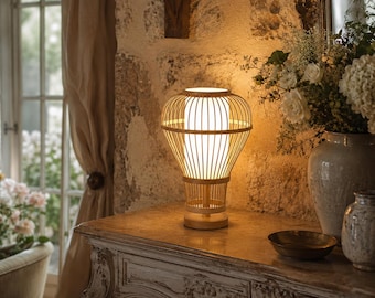 Handwoven Bamboo Rechargeable Table Lamp | Natural Rice Paper Shade Zen Mood Light for Home & Tea Room