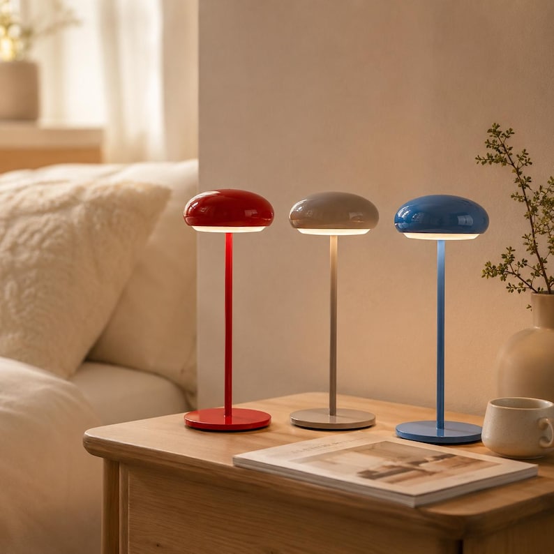 May include: Three modern table lamps with a mushroom-shaped top in red, gray, and blue. Each lamp has a slender stem and a circular base. The lamps are placed on a wooden nightstand next to a book and a mug.