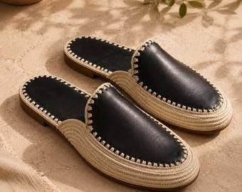 Hand-stitched Black Leather Raffia Mules, Men's Backless Summer Slides