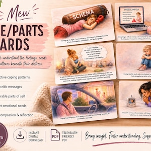 Puede incluir: Un conjunto de 27 tarjetas ilustradas A5 Mew Mode/Parts que presentan diversas escenas de angustia emocional y mecanismos de afrontamiento. Las tarjetas incluyen descripciones de texto e ilustraciones de personas en diferentes situaciones.