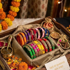 May include: A wooden tray filled with colorful bangles, henna, and flowers. The bangles are in various colors, including orange, purple, red, pink, blue, green, and yellow, and are adorned with gold embellishments. The tray also contains a small bowl of henna and a decorative candle.