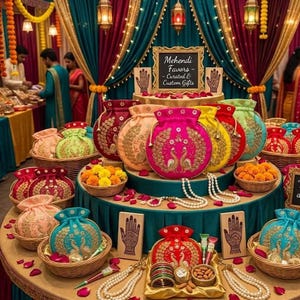 May include: A display of round, drawstring fabric pouches featuring intricate gold peacock embroidery in vibrant colors like pink, red, yellow, and teal. The pouches are arranged in wicker baskets alongside pearl necklaces, small bowls of almonds, and wooden signs with hand illustrations.