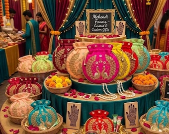 May include: A display of round, drawstring fabric pouches featuring intricate gold peacock embroidery in vibrant colors like pink, red, yellow, and teal. The pouches are arranged in wicker baskets alongside pearl necklaces, small bowls of almonds, and wooden signs with hand illustrations.
