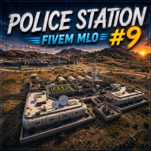 Könnte beinhalten: Luftaufnahme eines Polizeistationskomplexes mit dem Text "POLICE STATION" und "FIVE M MLO #9" am Himmel. Der Komplex umfasst Gebäude, einen Hubschrauberlandeplatz und Kommunikationstürme, vor dem Hintergrund von Hügeln und einem Sonnenuntergang.
