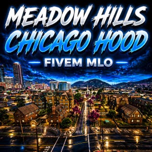 Może przedstawiać: Cyfrowe dzieło sztuki przedstawiające krajobraz miejski o zmierzchu. Tekst "MEADOW HILLS CHICAGO HOOD" jest wyświetlany w stylizowanej czcionce, z napisem "FIVE M MLO" poniżej. Obraz przedstawia budynki, ulice i dramatyczne niebo.