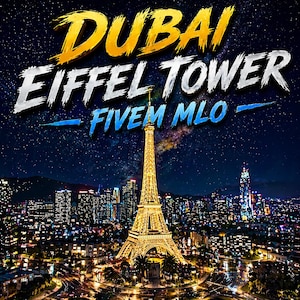 Może przedstawiać: Nocny krajobraz miejski z wieżą Eiffla oświetloną na złoto, z tekstem "DUBAI EIFFEL TOWER FIVE M MLO" w stylizowanej czcionce. Tło przedstawia gwiaździste niebo i światła miasta.