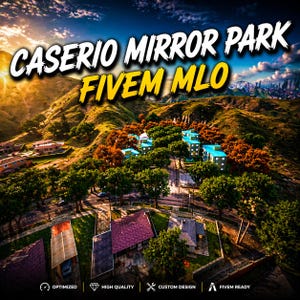 Może przedstawiać: Widok z lotu ptaka na krajobraz z tekstem "CASERIO MIRROR PARK FIVE MLO" w kolorze białym i żółtym. Obraz przedstawia obszar mieszkalny z budynkami, drzewami i drogami na tle gór i zachodu słońca.
