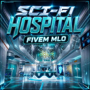 Könnte beinhalten: Ein futuristischer Krankenhausinnenraum mit den Worten "SCI-FI HOSPITAL" in großen, metallischen, türkisfarbenen Buchstaben. Darunter wird "FIVE MLO" angezeigt. Die Umgebung ist ein modernes Krankenhausdesign mit türkisfarbenen und weißen Akzenten und einem leuchtend blauen Boden.