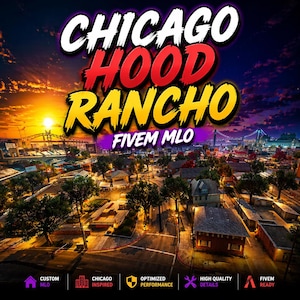 May include: A vibrant cityscape at dusk, featuring the text "CHICAGO HOOD RANCHO FIVEM MLO" in bold, multi-colored lettering. The image also includes icons and text at the bottom, such as "CUSTOM MLO" and "CHICAGO INSPIRED".