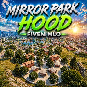 Może przedstawiać: Widok z lotu ptaka na krajobraz miejski z napisem "MIRROR PARK HOOD" w kolorze srebrnym i zielonym oraz "FIVE M MLO" w kolorze białym. Obraz przedstawia dzielnicę mieszkalną z budynkami, drzewami i jeziorem, pod błękitnym niebem z chmurami.
