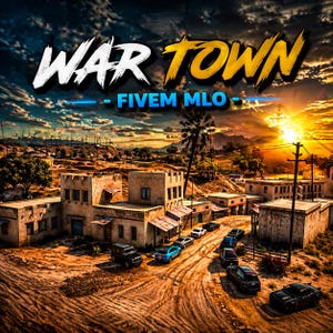 Może przedstawiać: Cyfrowe dzieło sztuki przedstawiające scenę pustynnego miasteczka z napisem "WAR TOWN - FIVEM MLO" w kolorze białym i złotym. Obraz przedstawia budynki, pojazdy i zachód słońca z palmą.