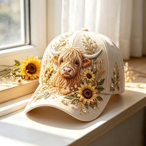May include: A cream-colored baseball cap featuring detailed embroidery of a Highland cow surrounded by sunflowers, green leaves, and small clear crystals. The design covers the front panels and the brim, showcasing textured stitching and floral accents.
