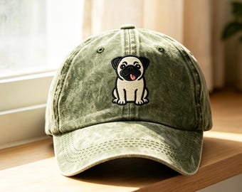 Cappellino da baseball con ricamo di un simpatico carlino, cappello vintage effetto lavato, regalo per amanti dei cuccioli, cappello per proprietari di animali domestici, cappello casual per uomo e donna, regalo per mamma e papà di cani