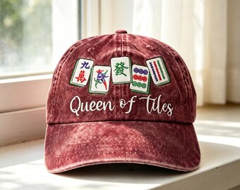 Königin der Fliesen Mahjong bestickte Baseballkappe, Vintage gewaschene Dad-Hut, Mahjong-Königin-Hut, lustiges Geschenk für Frauen, chinesisches Mahjong-Liebhaber-Geschenk